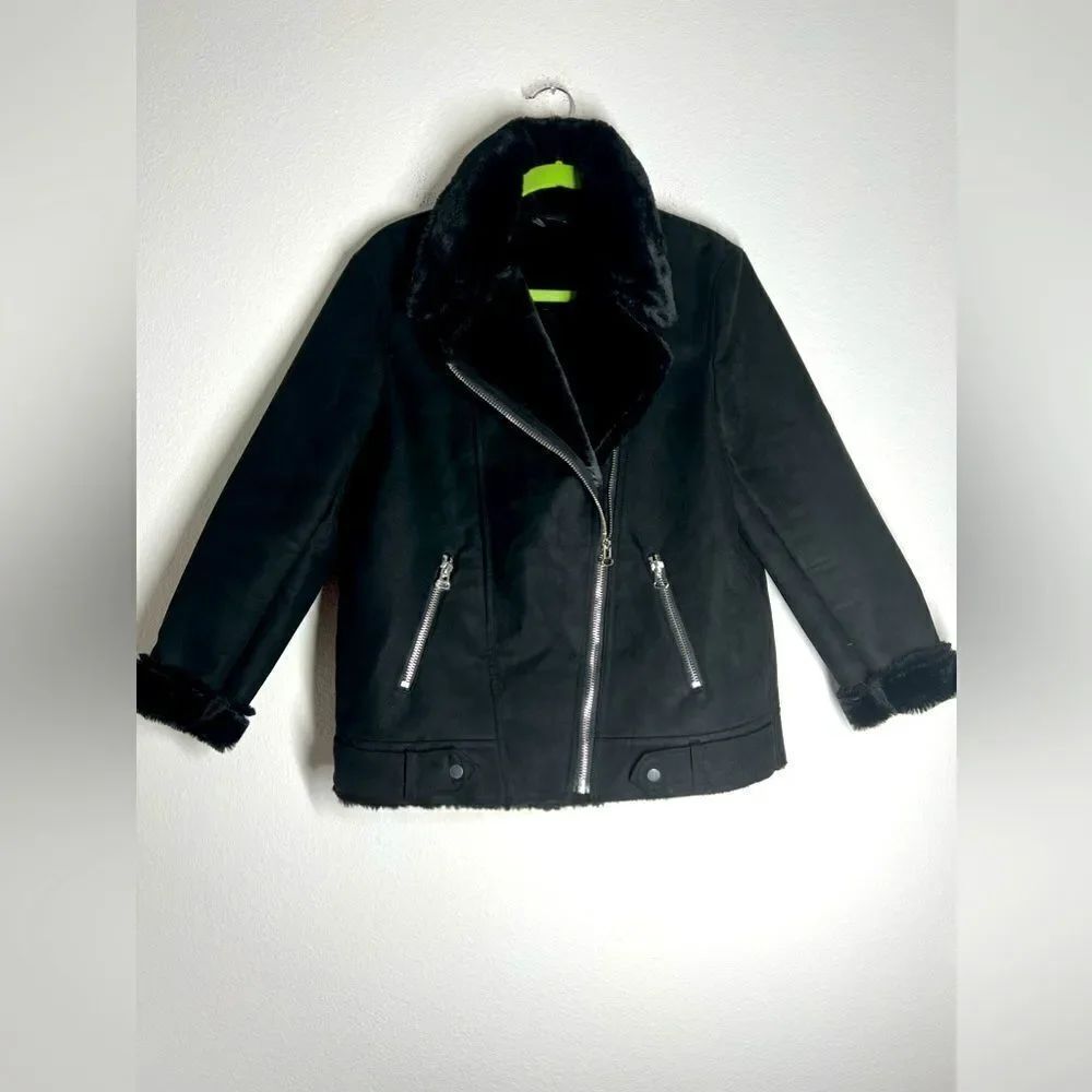 H&M Faux Fur-lined Biker Jacket Black Full Zip Aviator Size 8 - Picture 2 of 16